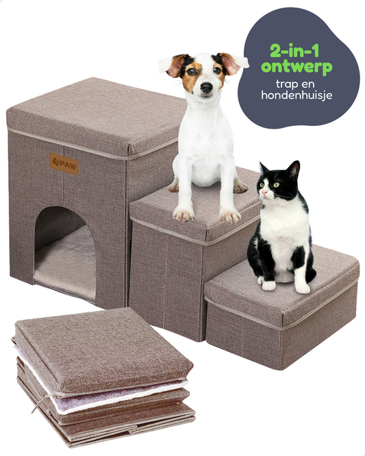 4Paw® Grijs 2-in-1 hondentrap voor kleine honden tot 60 kg met hondenhuis - hondenloopplank - trap hond